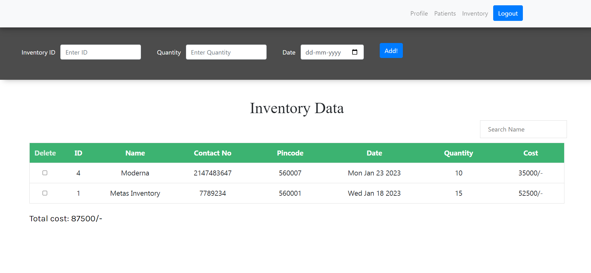 Co-Vac vaccine orders dashboard